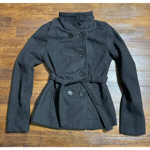 New Look Womens Black Wool Blend Pea Coat Jacket Belted Double Breasted Button S